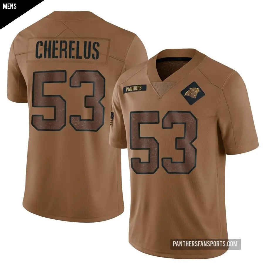Men's Carolina Panthers ＃53 Claudin Cherelus Brown Limited 2023 Salute To Service Jersey