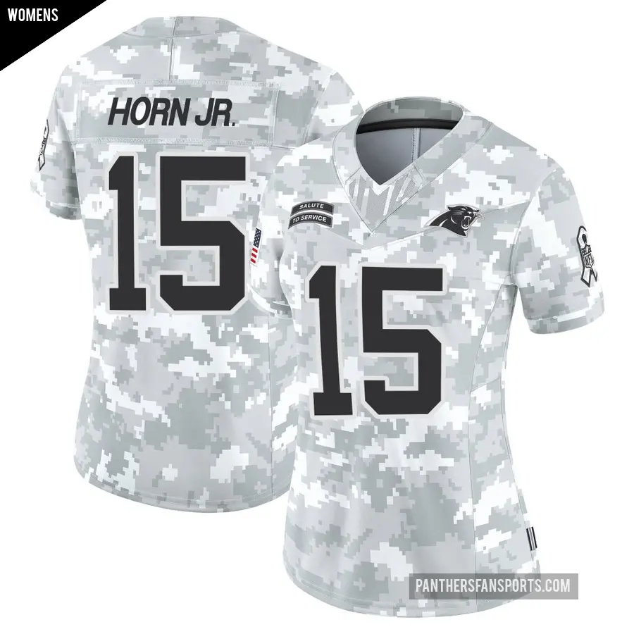 Women's Carolina Panthers ＃15 Jimmy Horn Jr. Arctic Camo Limited 2024 Salute to Service Jersey