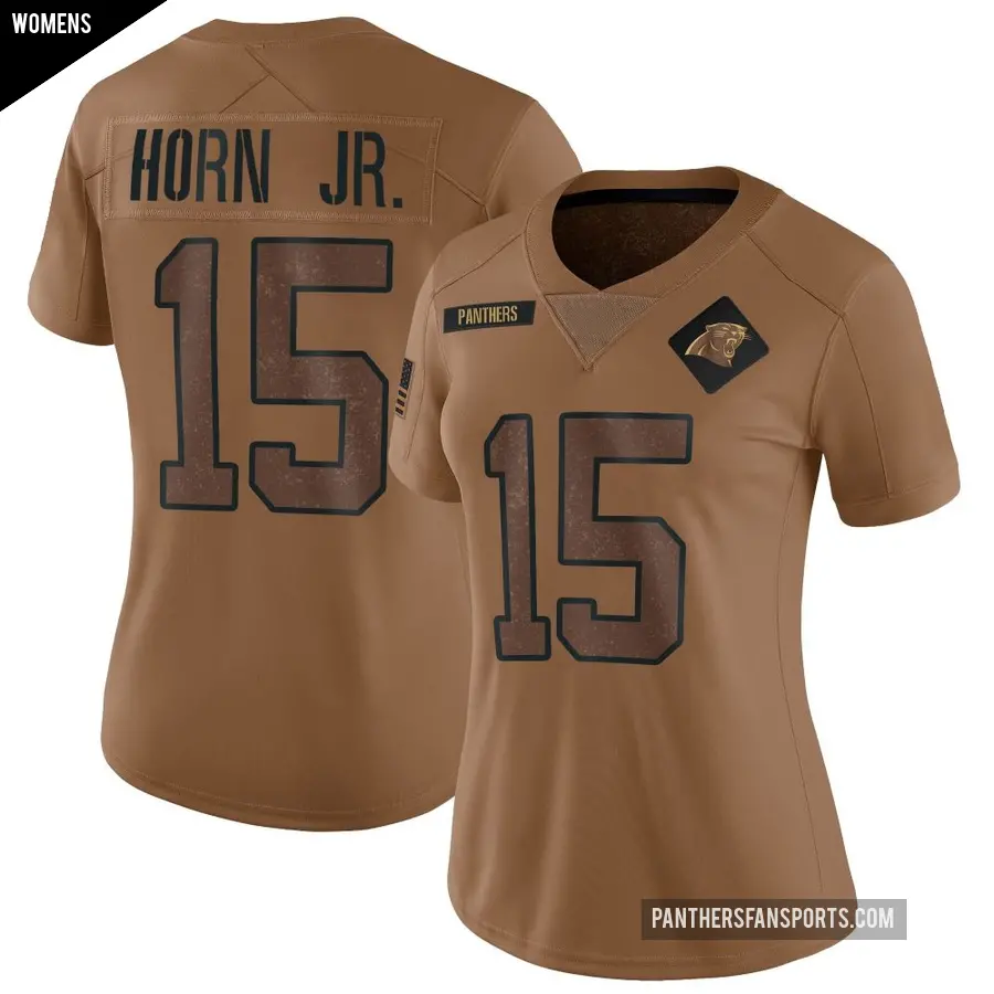 Women's Carolina Panthers ＃15 Jimmy Horn Jr. Brown Limited 2023 Salute To Service Jersey