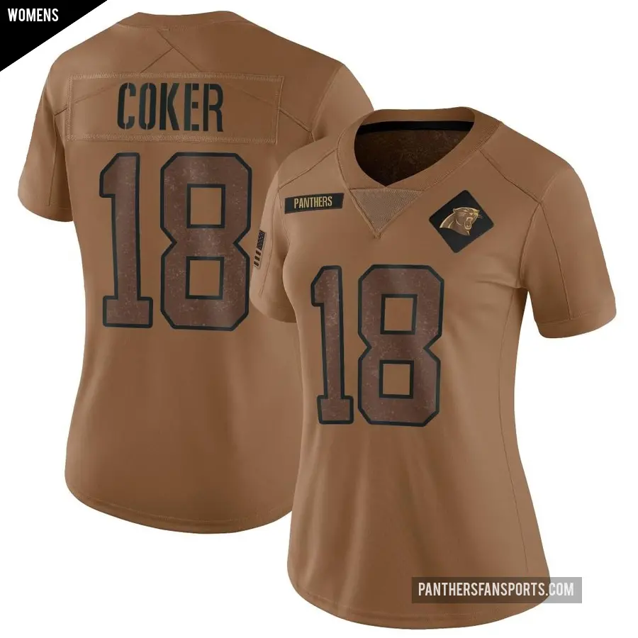 Women's Carolina Panthers ＃18 Jalen Coker Brown Limited 2023 Salute To Service Jersey