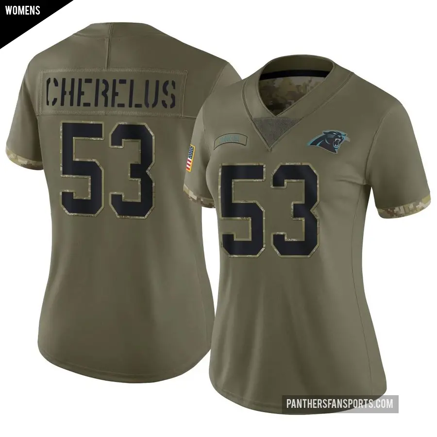 Women's Carolina Panthers ＃53 Claudin Cherelus Olive Limited 2022 Salute To Service Jersey