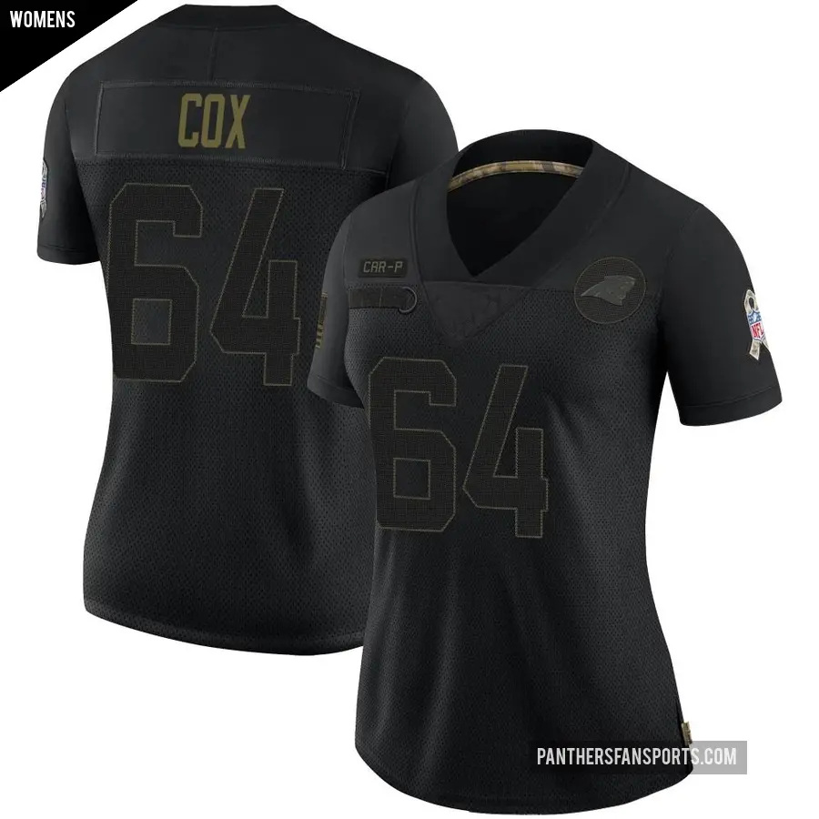 Women's Carolina Panthers ＃64 Bryan Cox Black Limited 2020 Salute To Service Jersey