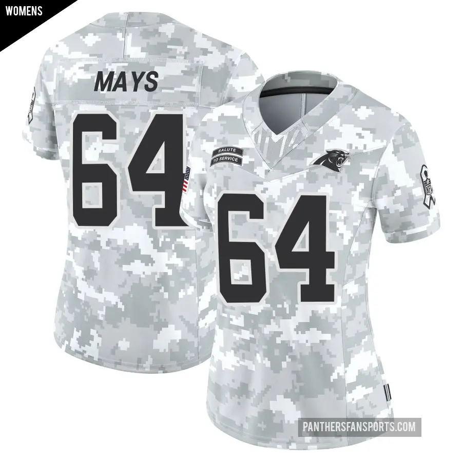 Women's Carolina Panthers ＃64 Cade Mays Arctic Camo Limited 2024 Salute to Service Jersey