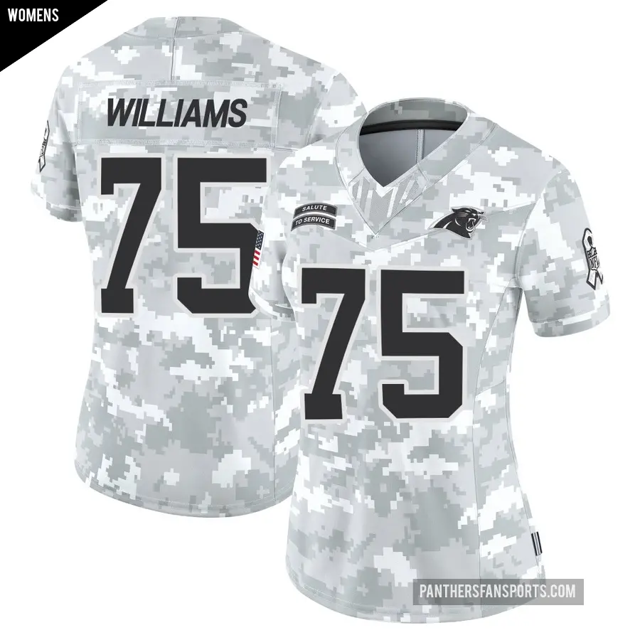 Women's Carolina Panthers ＃75 DeShawn Williams Arctic Camo Limited 2024 Salute to Service Jersey
