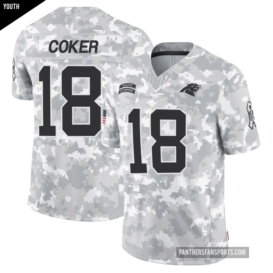 Youth Carolina Panthers ＃18 Jalen Coker Arctic Camo Limited 2024 Salute to Service Jersey