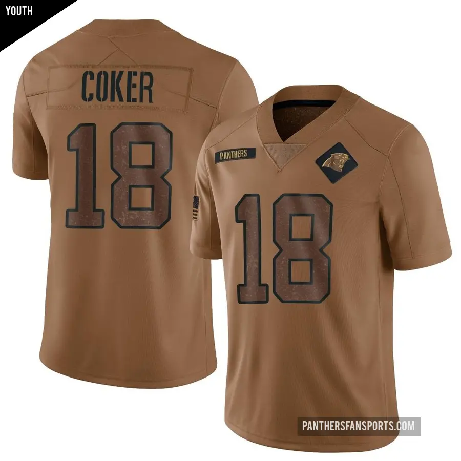 Youth Carolina Panthers ＃18 Jalen Coker Brown Limited 2023 Salute To Service Jersey