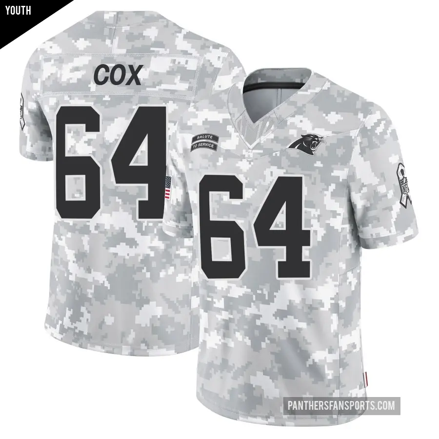 Youth Carolina Panthers ＃64 Bryan Cox Arctic Camo Limited 2024 Salute to Service Jersey