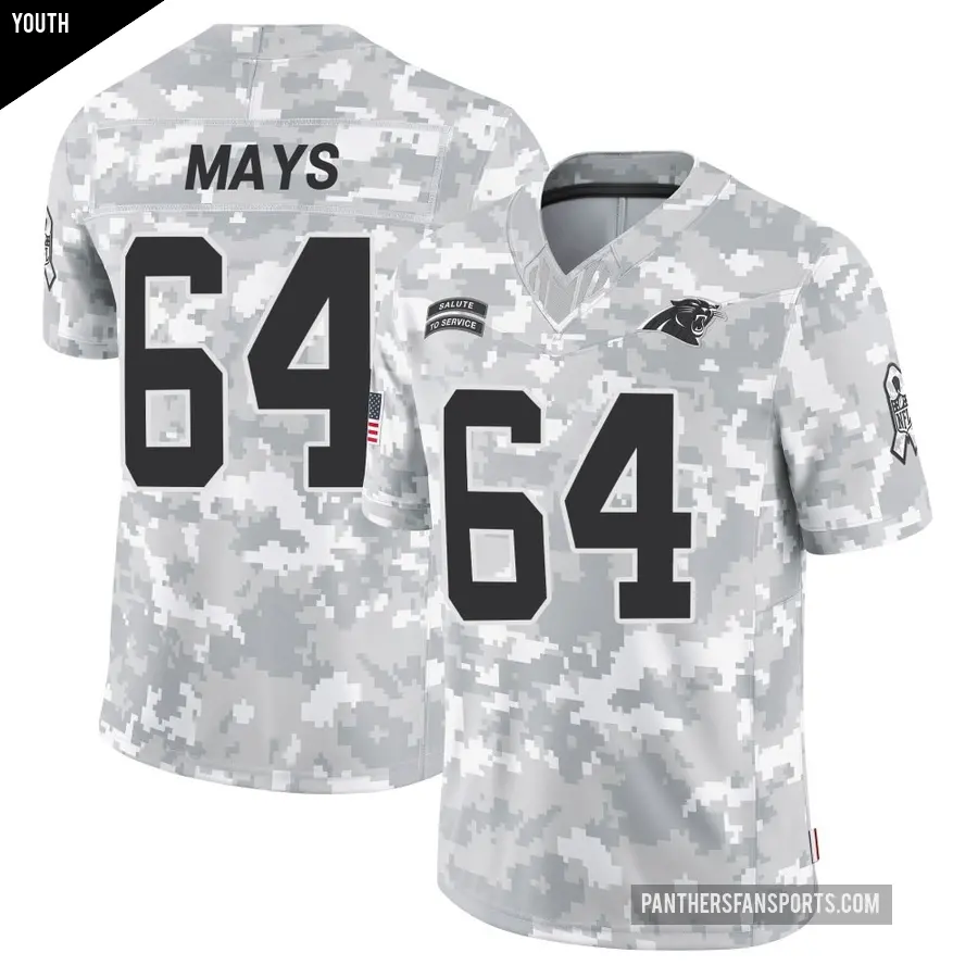 Youth Carolina Panthers ＃64 Cade Mays Arctic Camo Limited 2024 Salute to Service Jersey